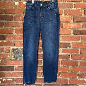 Judy Blue womens High rise boyfriend fit dark wash jeans light distress JB8114DK